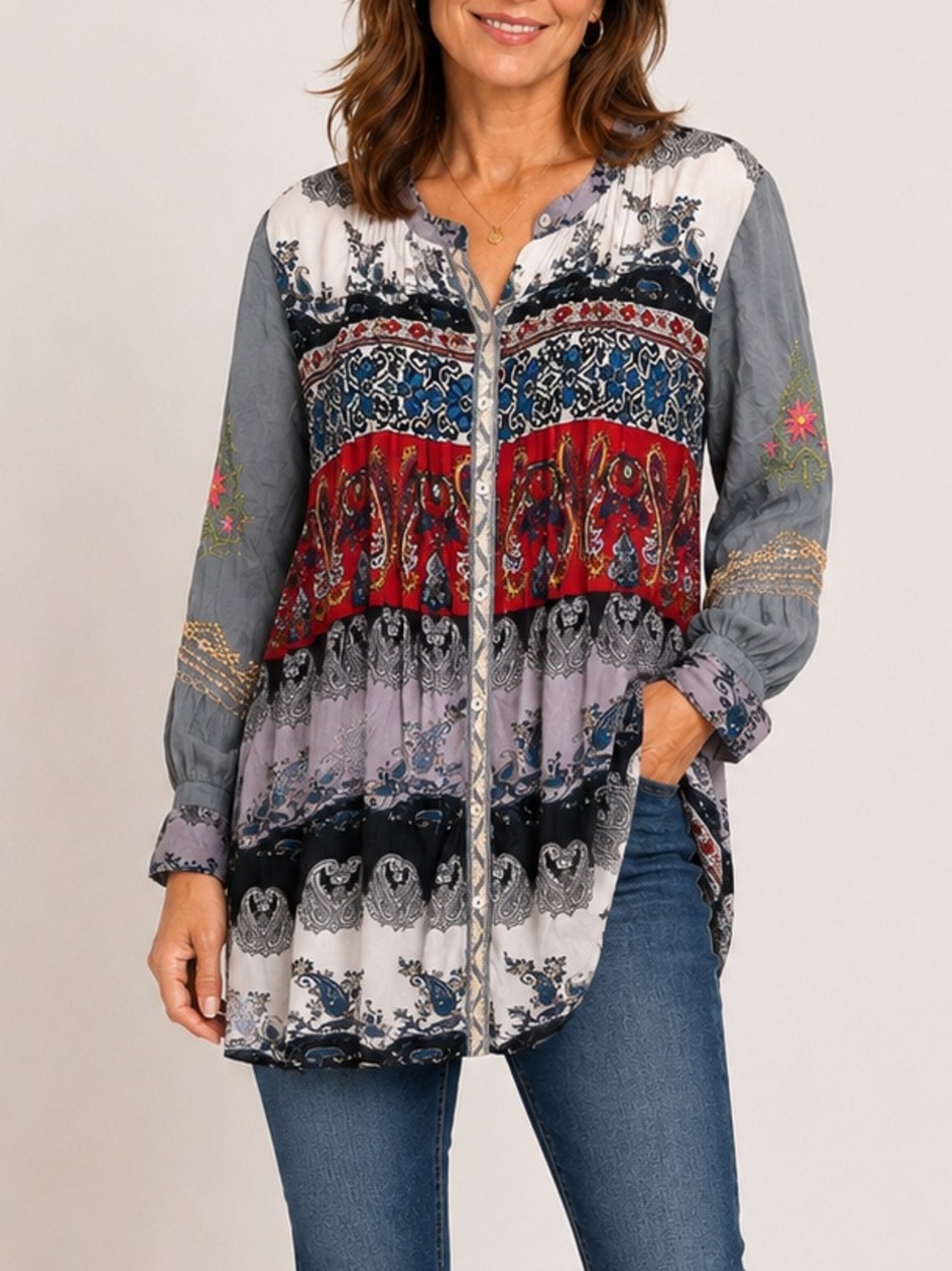 All About Her Embroidered Long Sleeve Button Down Tunic Size M Gray Floral Boho
